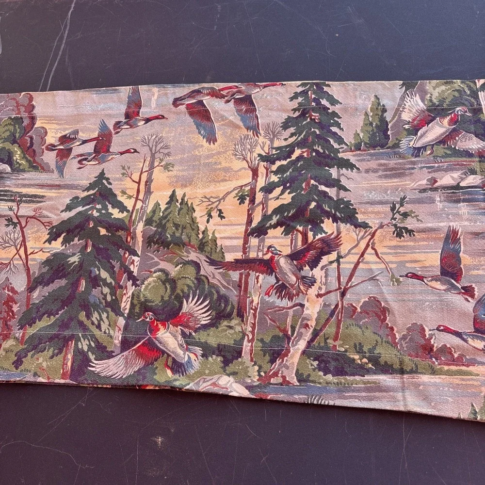 BAYOU 1940's Flying Geese Marshland Cabin Barkcloth Set 2 Fabric Curtain Panel